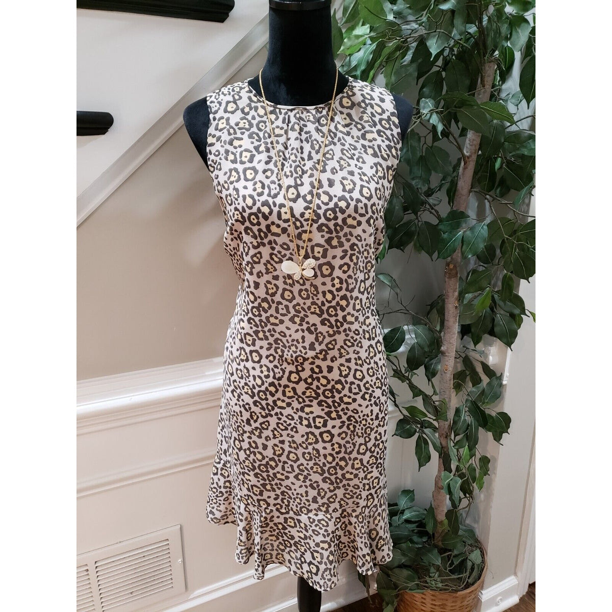 Ann Taylor LOFT Womens Beige Leopard Print Sleeveless Round Neck Shift Dress M