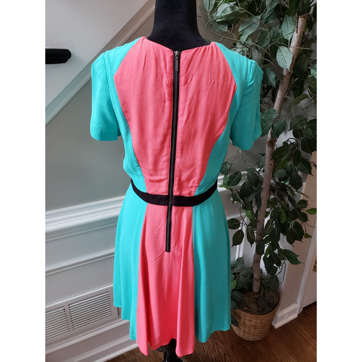 Womens Dress Womens Small Blue Pink Colorblock Lined Empire Waist Back Zip