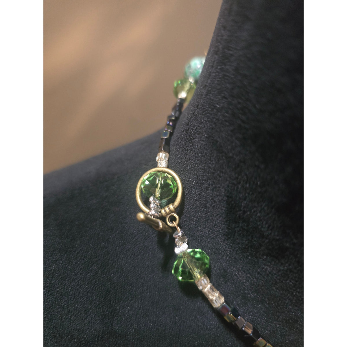 Women's Green Beaded Necklace With Silver Butterfly Pendant And Toggle Clasp