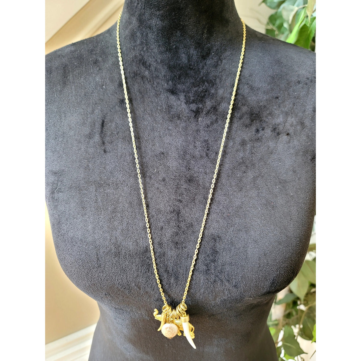 Gold Tone Charm Pendant Necklace Faux Pearl Coin Tassel Layered Boho 30"