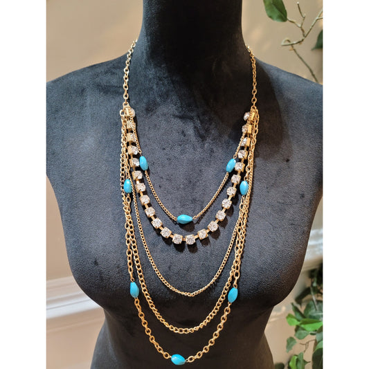 Women's Multi-Layered Necklace with Turquoise Beads and Crystal Accents