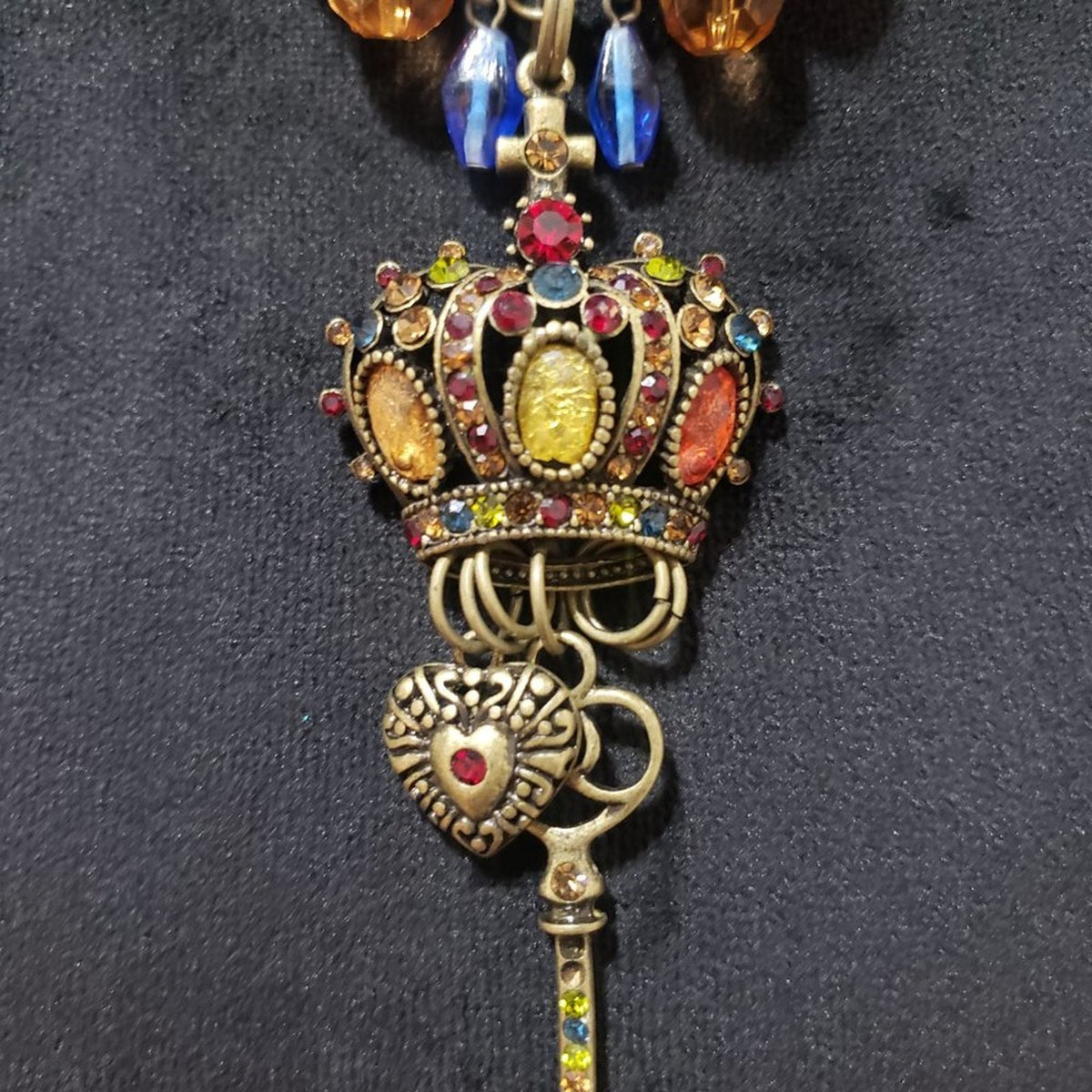Gold Layered Multi-Row Crown Crystal Key King Heart Cross Charm Long Necklace