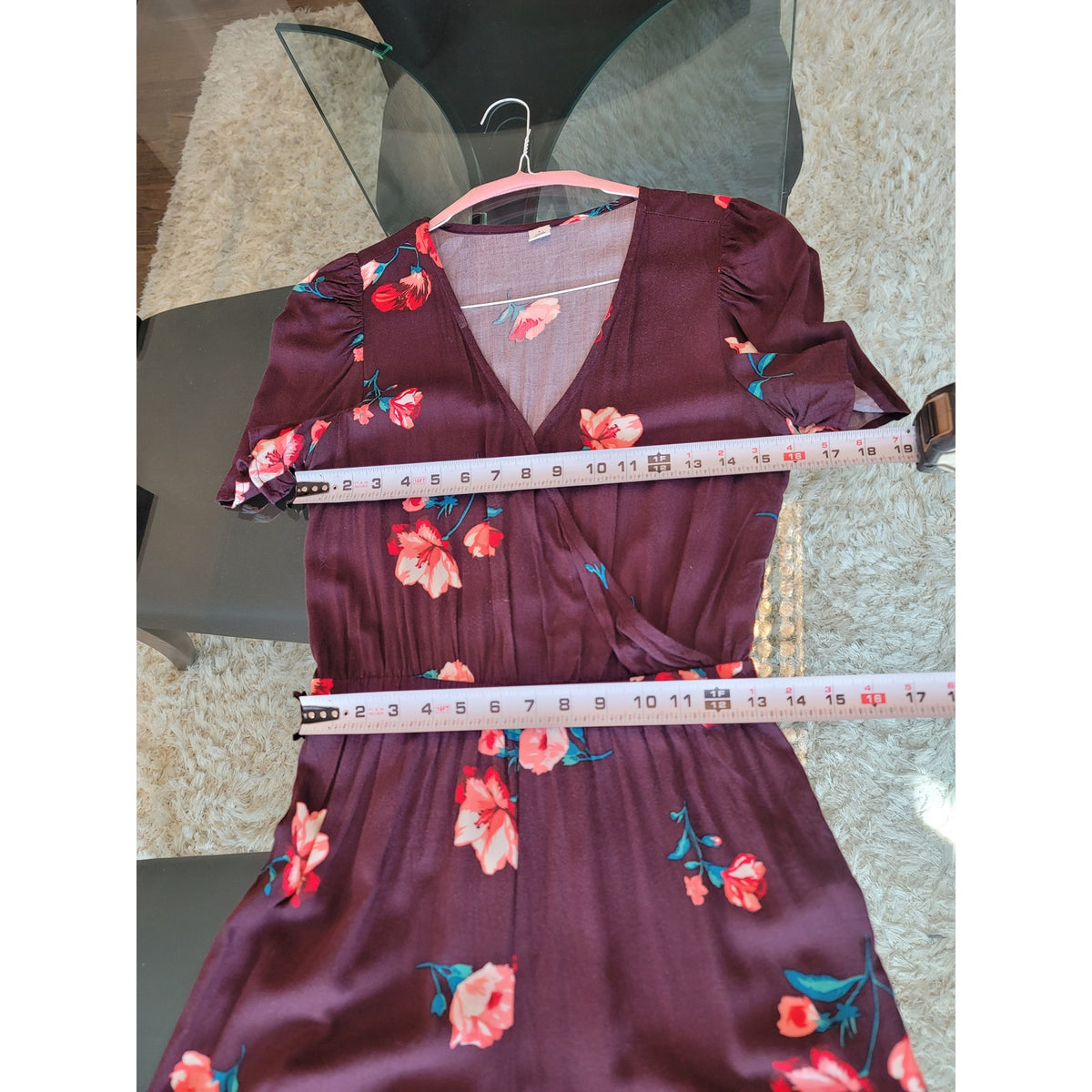 Old Navy Floral Wrap Jumpsuit Women's Size Small Burgundy Short Sleeves V Neck