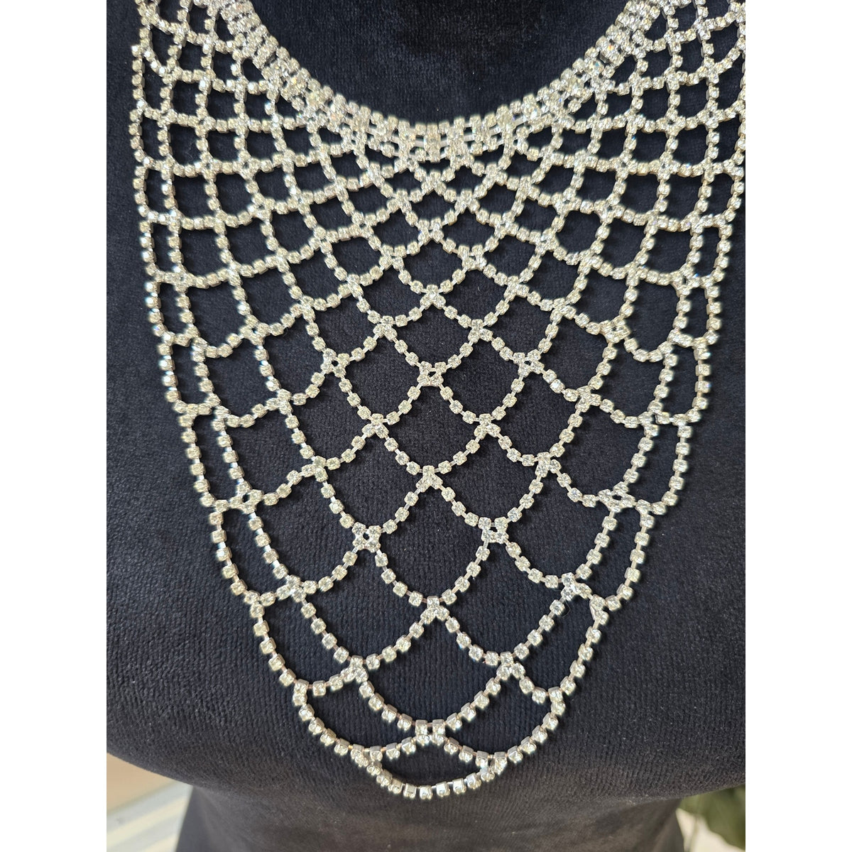 Silver Rhinestone Crystal Draped Bib Necklace Earrings Set Bridal Formal