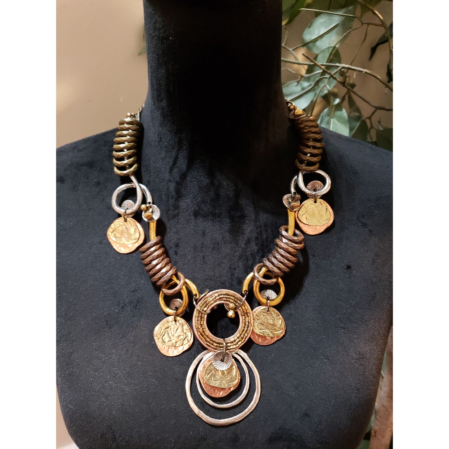 Womens Fashion Boho Multi Tone Hammered Coins Circles Charm Statement Necklace