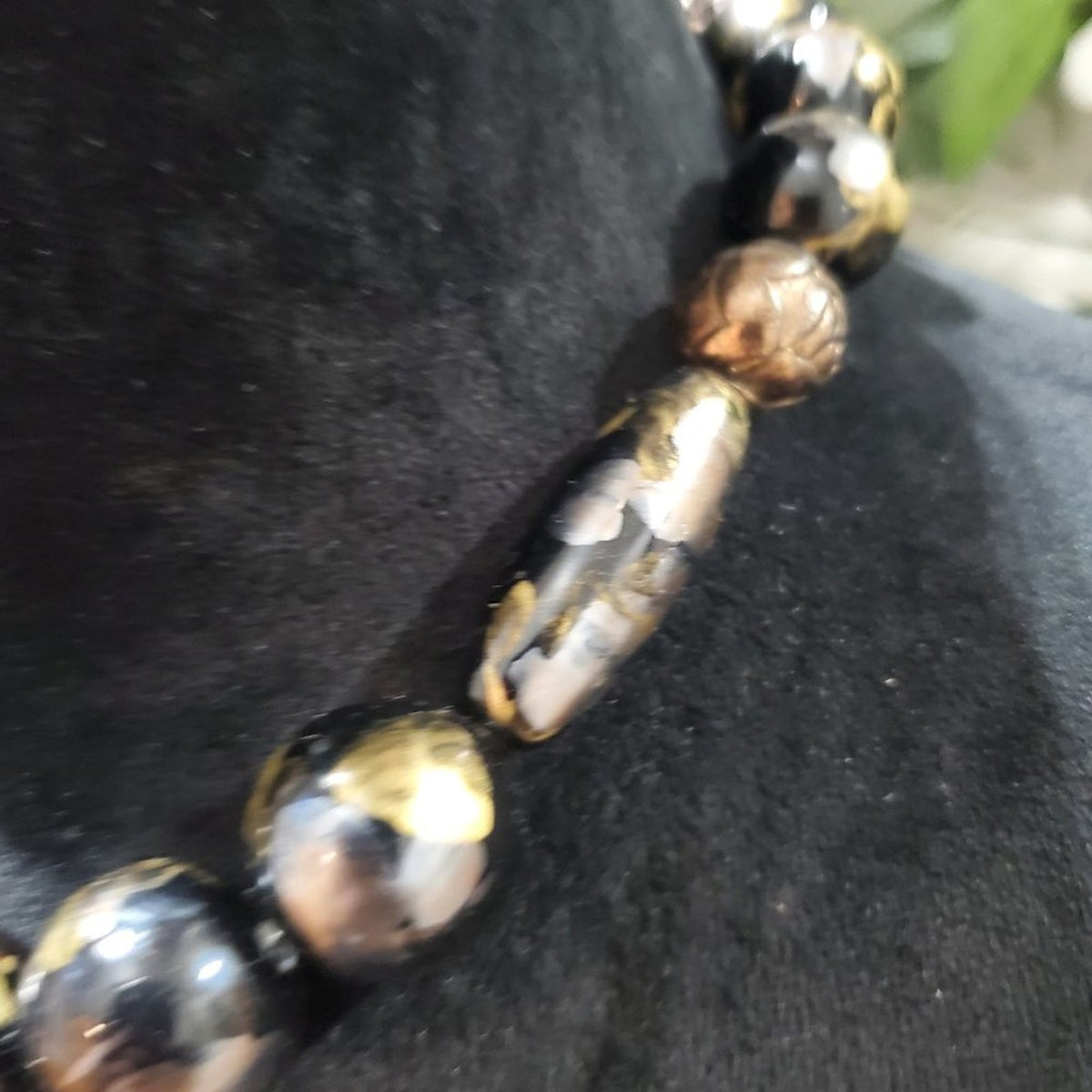 Womens Fashion Sculpted Orbs Black Gold Bead Bib Necklace with Spring Ring Clasp