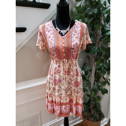 Violet Skies Women's Beige Floral Rayon V-Neck Short Sleeve Knee Length Dress M