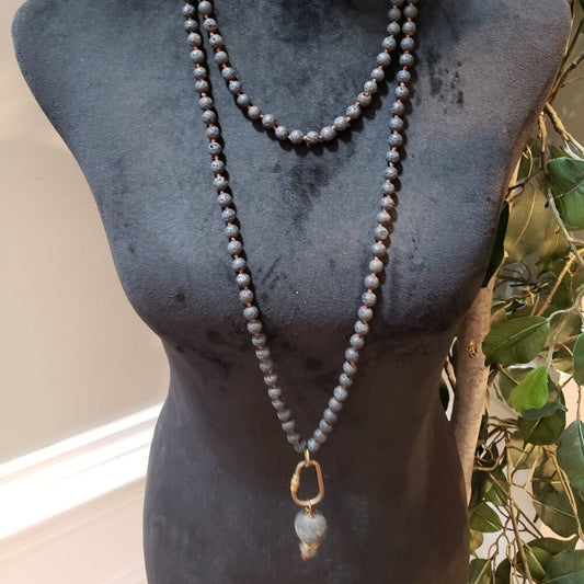 Women's Fashion Long Necklace Gray Moonstone Round Beaded Chunky Style