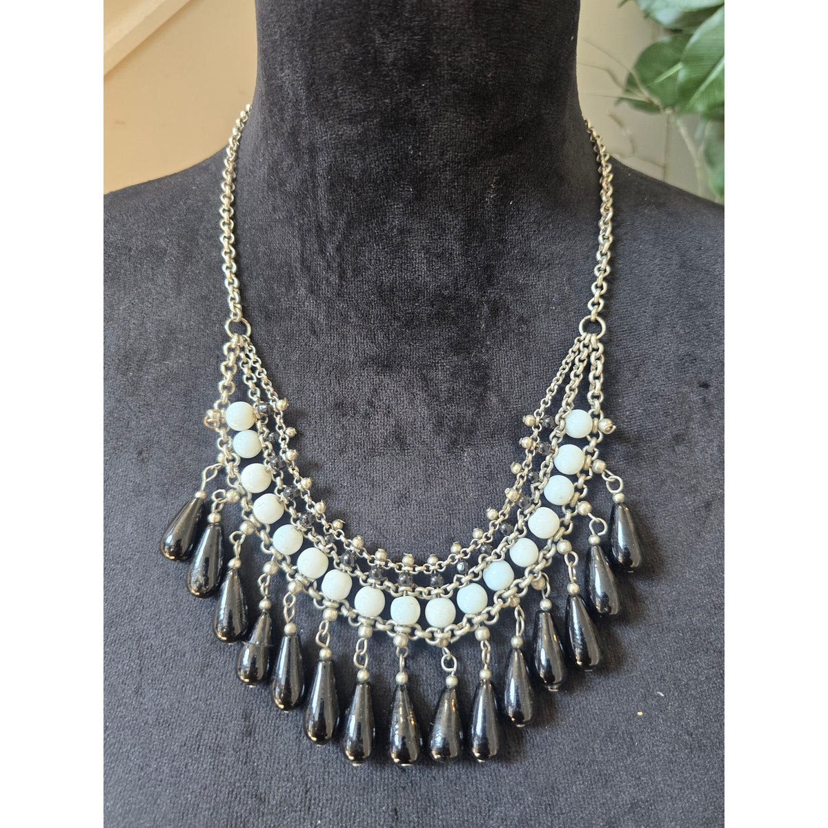Silver Tone White Beaded Black Teardrop Bib Statement Necklace