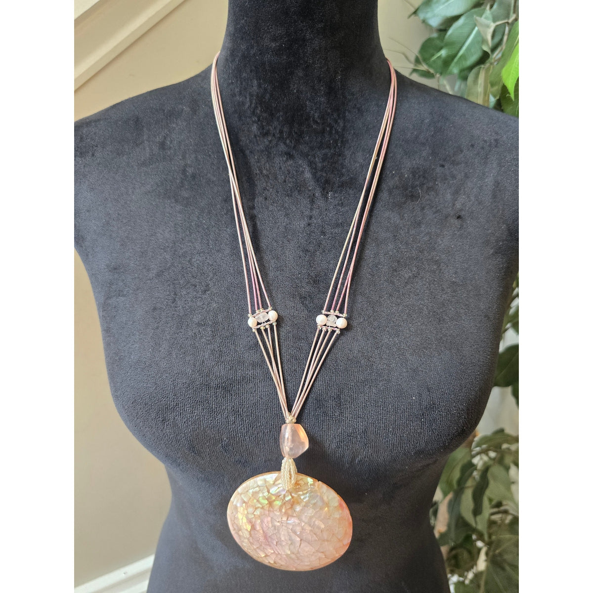 Brown Multi Strand Cord Iridescent Shell Pendant Statement Necklace