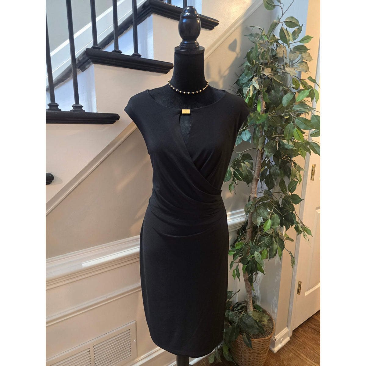 Lauren Ralph Lauren Cocktail Dress Women SZ 14 Black Faux Wrap Boat Neck Keyhole
