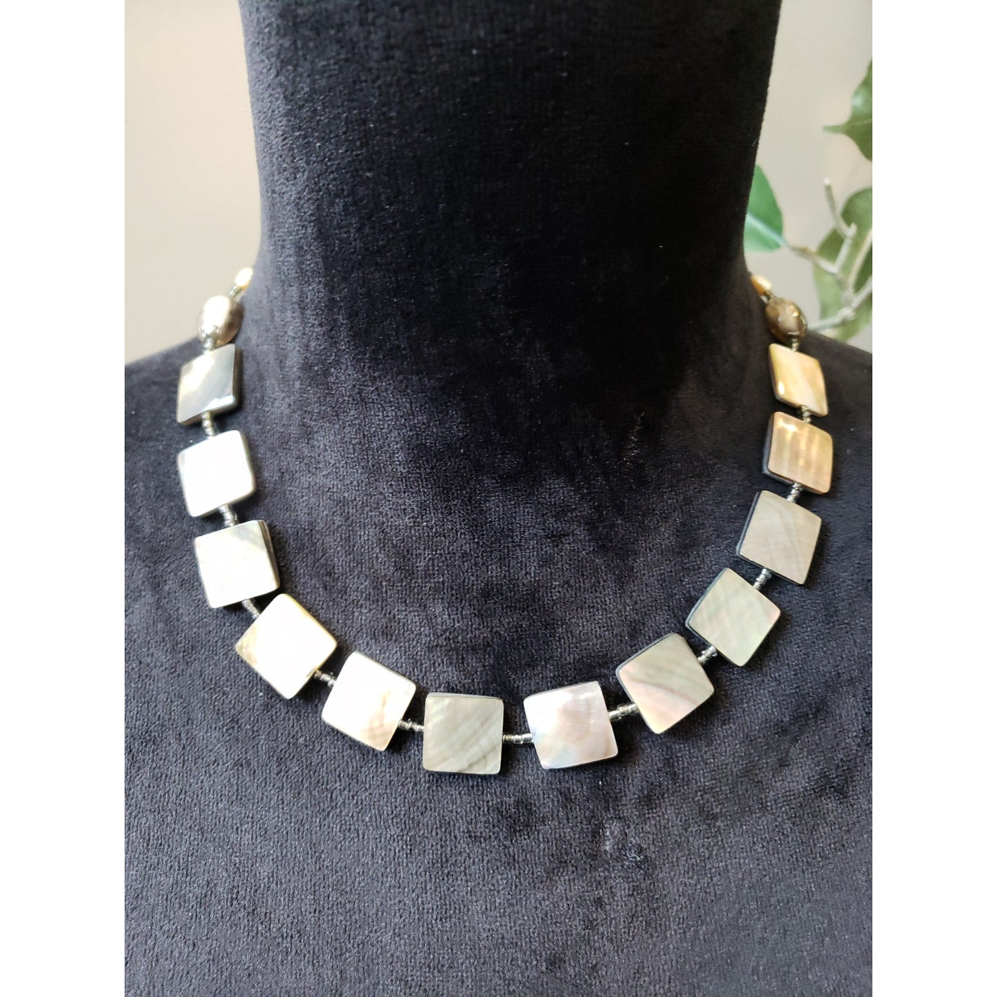 Women Mother of Pearl Shell Tile Beaded Necklace Square Iridescent Natural Tones