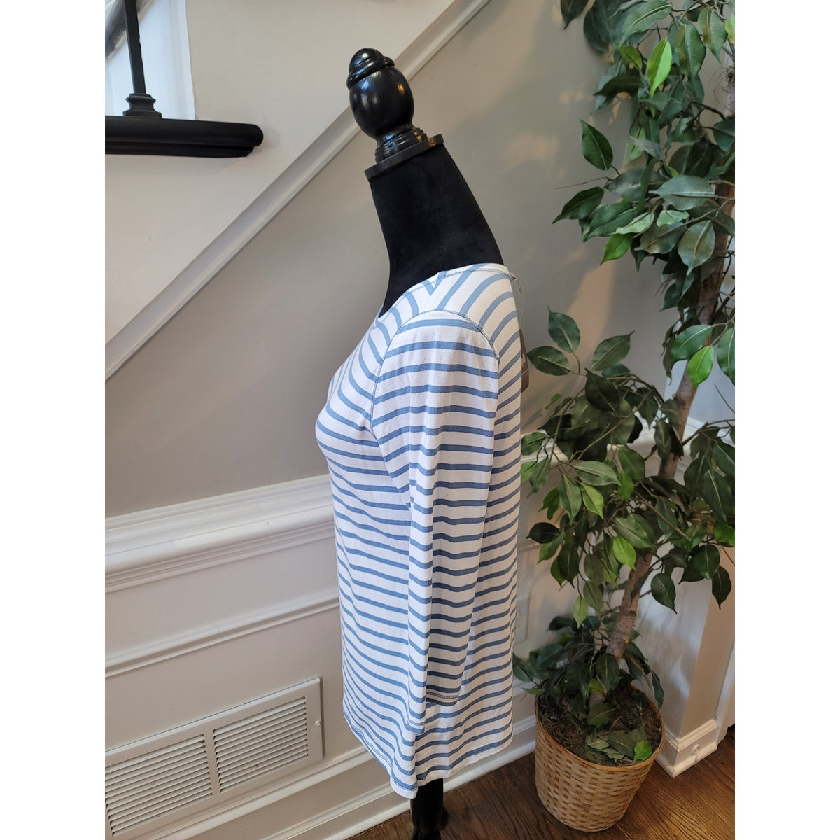 J. Jill Tunic Blouse MP White Blue Cotton Stretch Striped Scoop Neck 3/4 Sleeve
