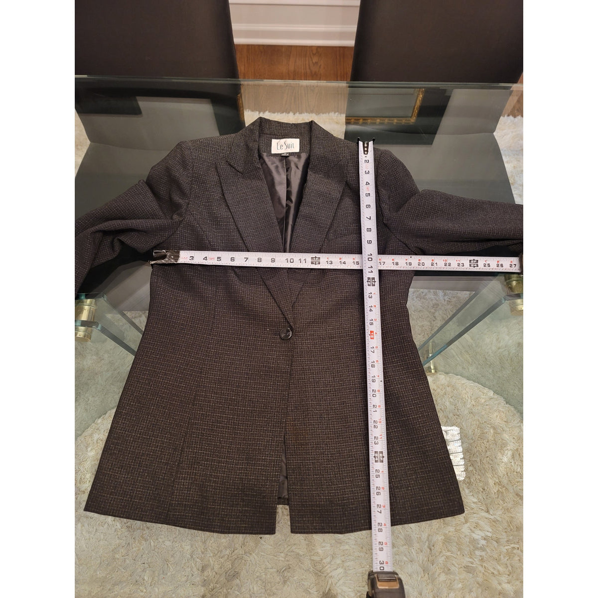 Le Suit Pant Suit Women SZ 12 Black Micro-Plaid Single Button Blazer Fully Lined