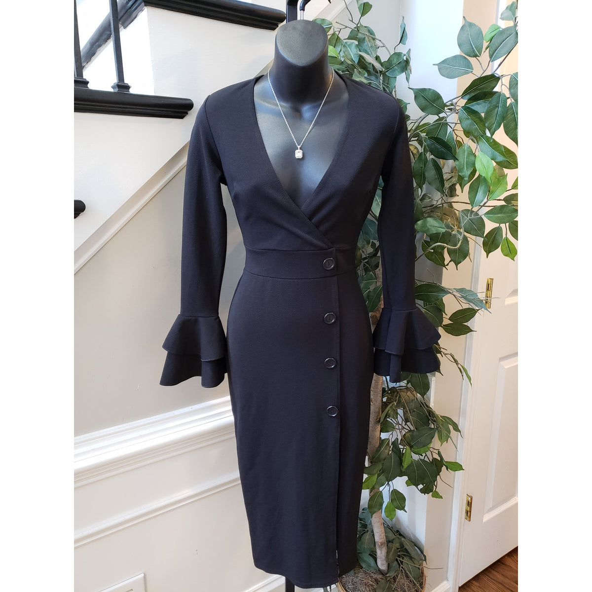 Womens Shirt Dress XS Black Stretch Tight Waist Flare Sleeve V Neck Button Front