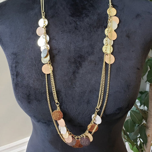Womens Multi Tone Faux Coin Charm 3 Layered Chain Necklace with Lobster Clasp