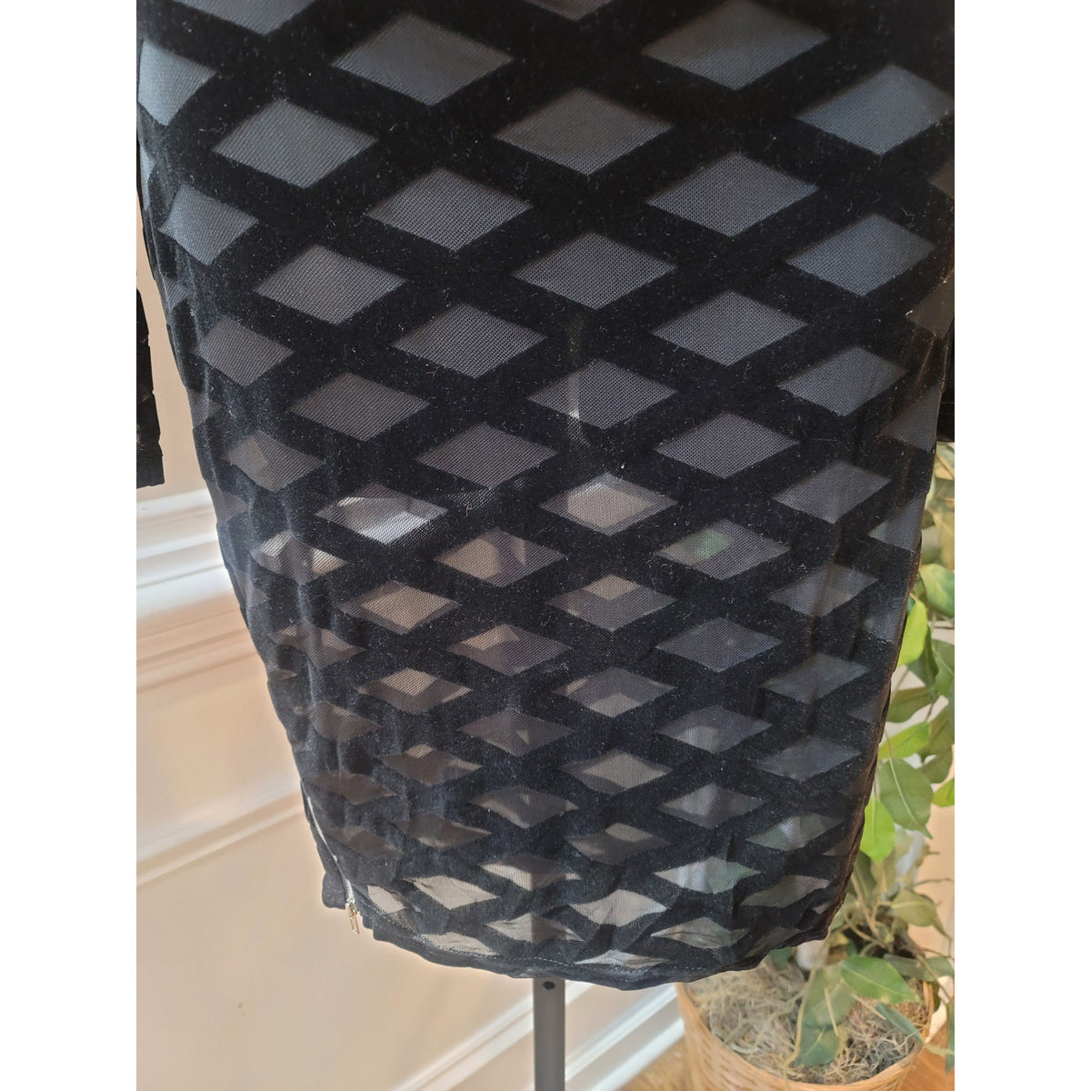 Bodycon Dress Womens Small Black Sheer Geometric Long Sleeve Cocktail Party