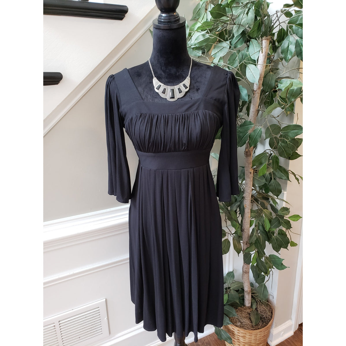 Rubber Ducky Fit & Flare Dress Womens Medium Black Empire Waist Pleated Stretch