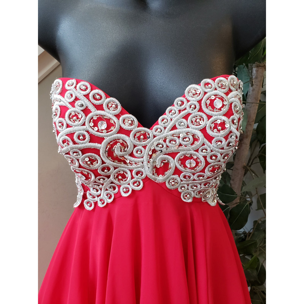 Fiesta Prom Dress Women Small Red Rhinestone Polyester Beaded Off The Shoulder