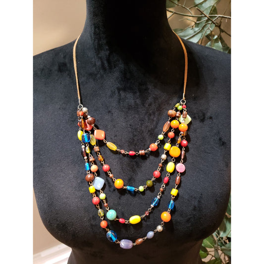 Womens Fashion 4 Strand Colorful Glass Acrylic Beaded Statement Necklace Jewelry
