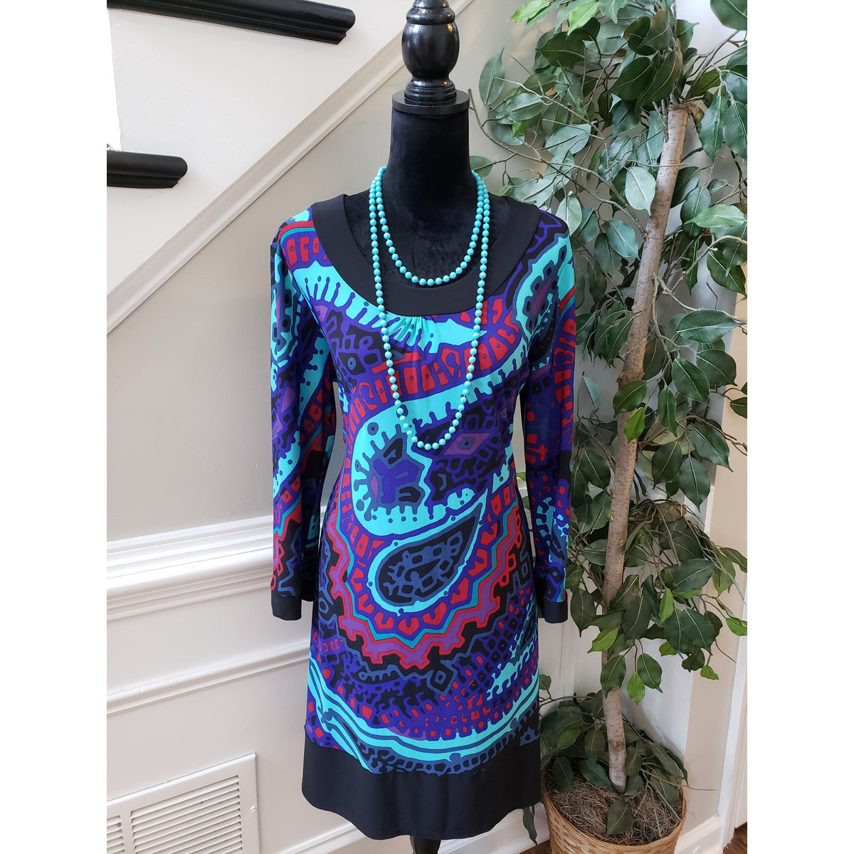 Kupcake Shift Dress Women's Size Large Blue Black Round Neck Long Sleeve