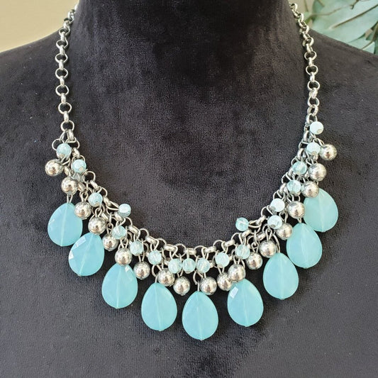 Women's Fashion Silver Beads & Tropicana Blue Eye Droped Necklace with Lobster