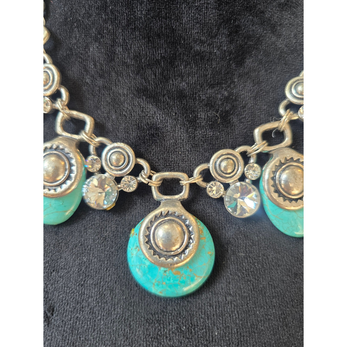 Turquoise Blue Medallion Charm Statement Necklace Silver Tone Boho