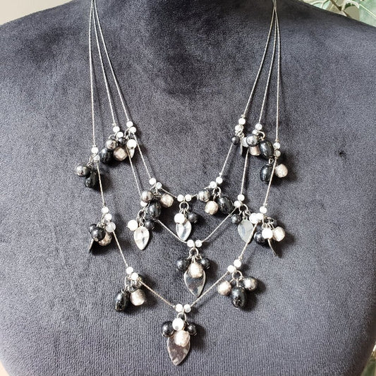 Women's Fashion 3 Strand Silver Black & White Pearl Necklace w/ Lobster