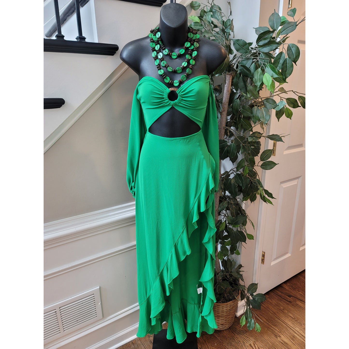 SHEIN Dress Women XS Green Ruffle Asymmetrical Off Shoulder Party Sexy