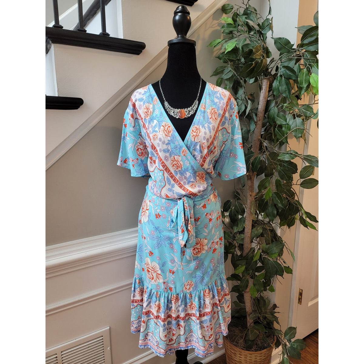Zesica Dress Womens XL Blue Floral Wrap Short Sleeve Boho Midi Summer Rayon