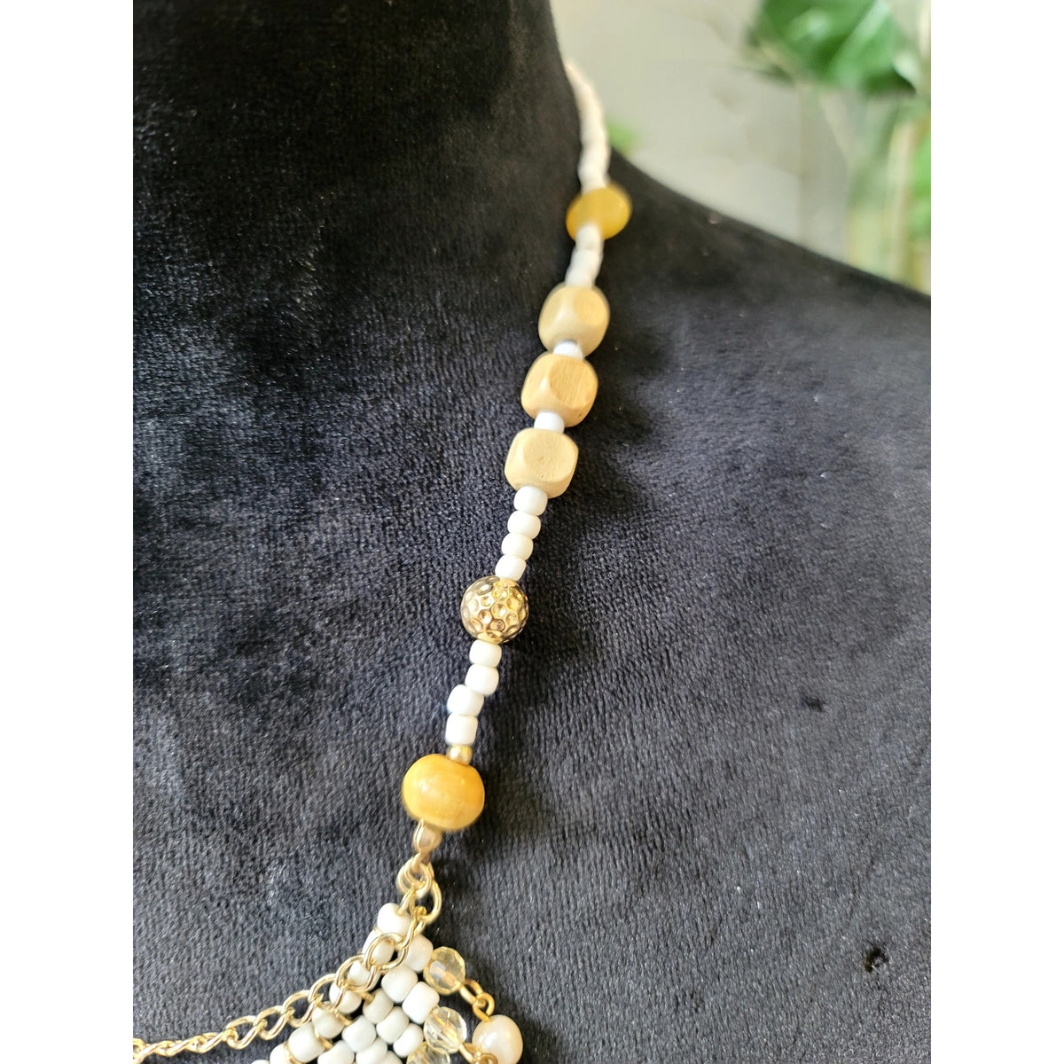 White Gold Beaded Fringe Bib Statement Necklace Boho