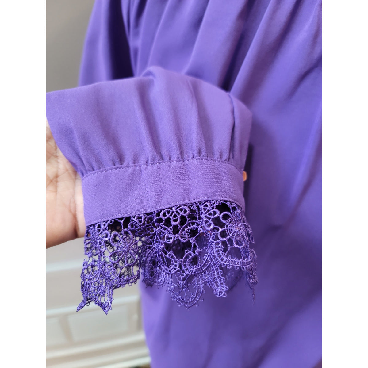 Fab'rik Blouse Small Purple Intricate Lace Trim Ruffle Mock Neck Casual Party