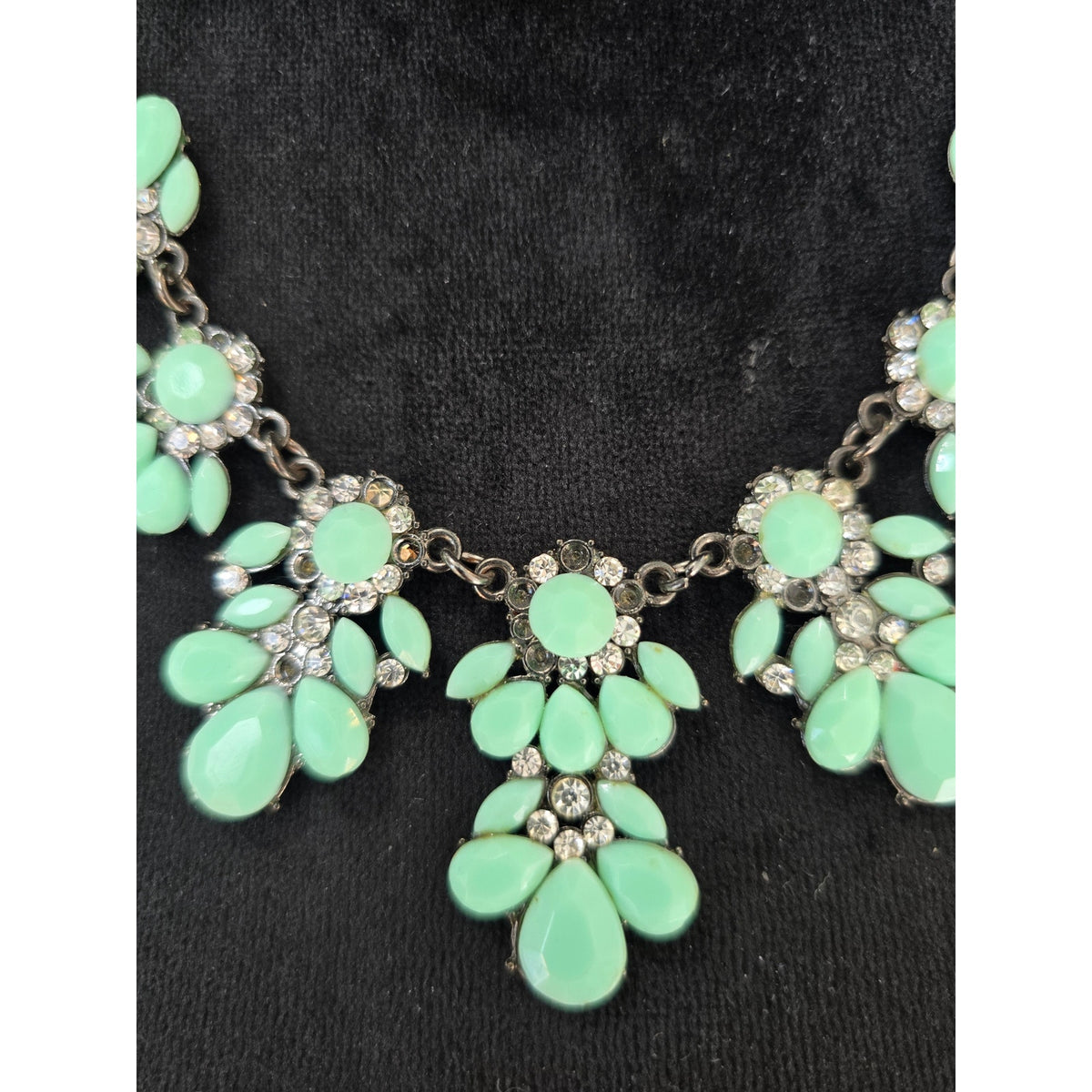 Mint Green Teardrop Rhinestone Floral Bib Statement Necklace