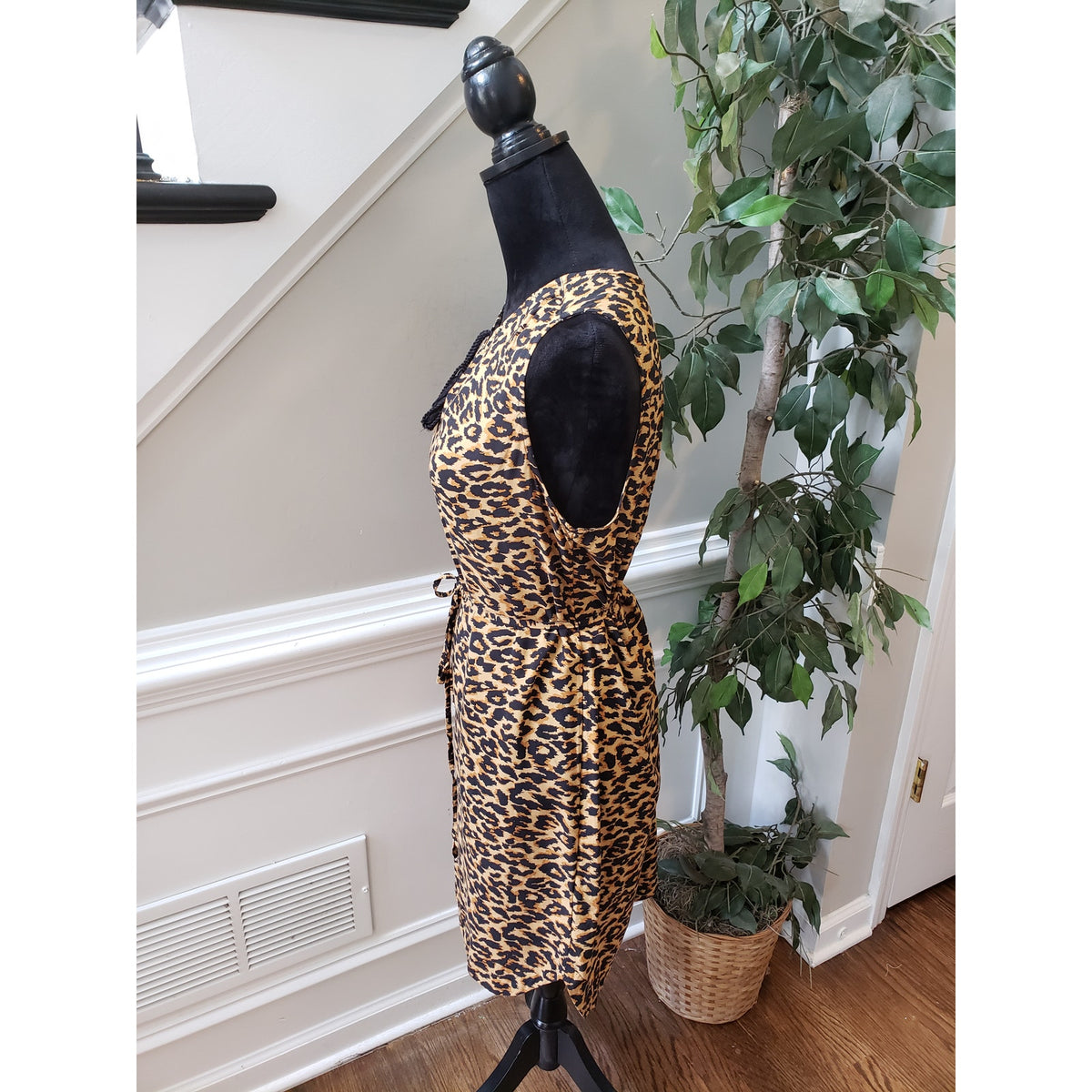 Beachlunchlounge Dress Women Medium Brown Black Leopard Print Sleeveless Tie
