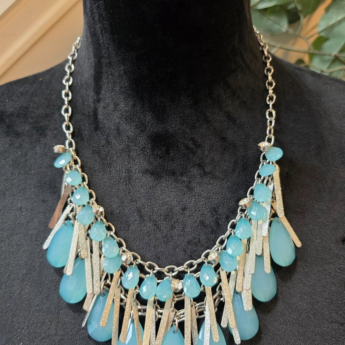 Womens Blue Crystal Teardrop Beaded Metal Fingers Necklace with Lobster Clasp