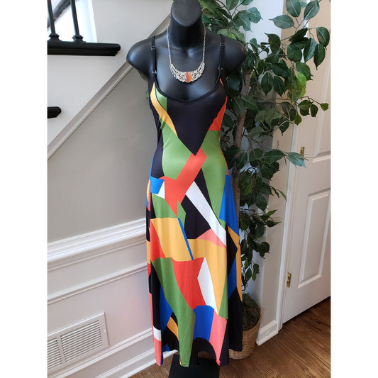 Women's Long Maxi Dress S Multi Geo Print Adjustable Straps Backless Sleeveless