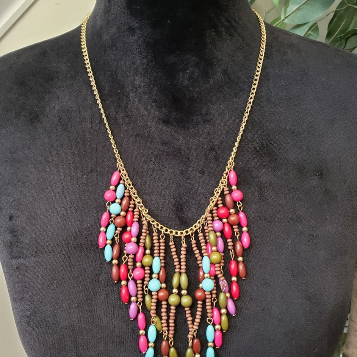Womens Fashion Multicolor Beaded Statement Tassel Necklace with Lobster Clasp