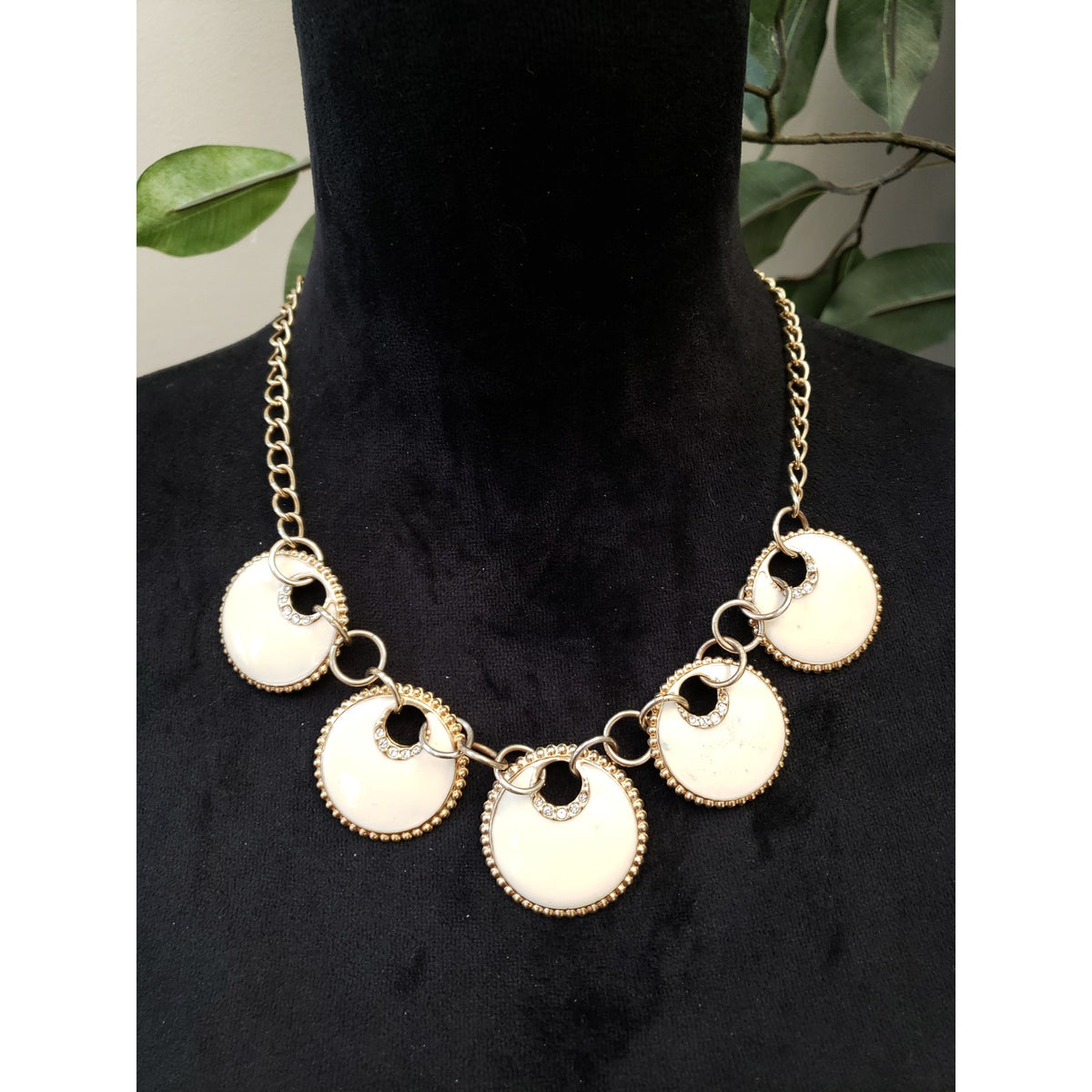Vintage Fashion Gold Tone White Enamel with Rhinestone Medalion Bib Necklace