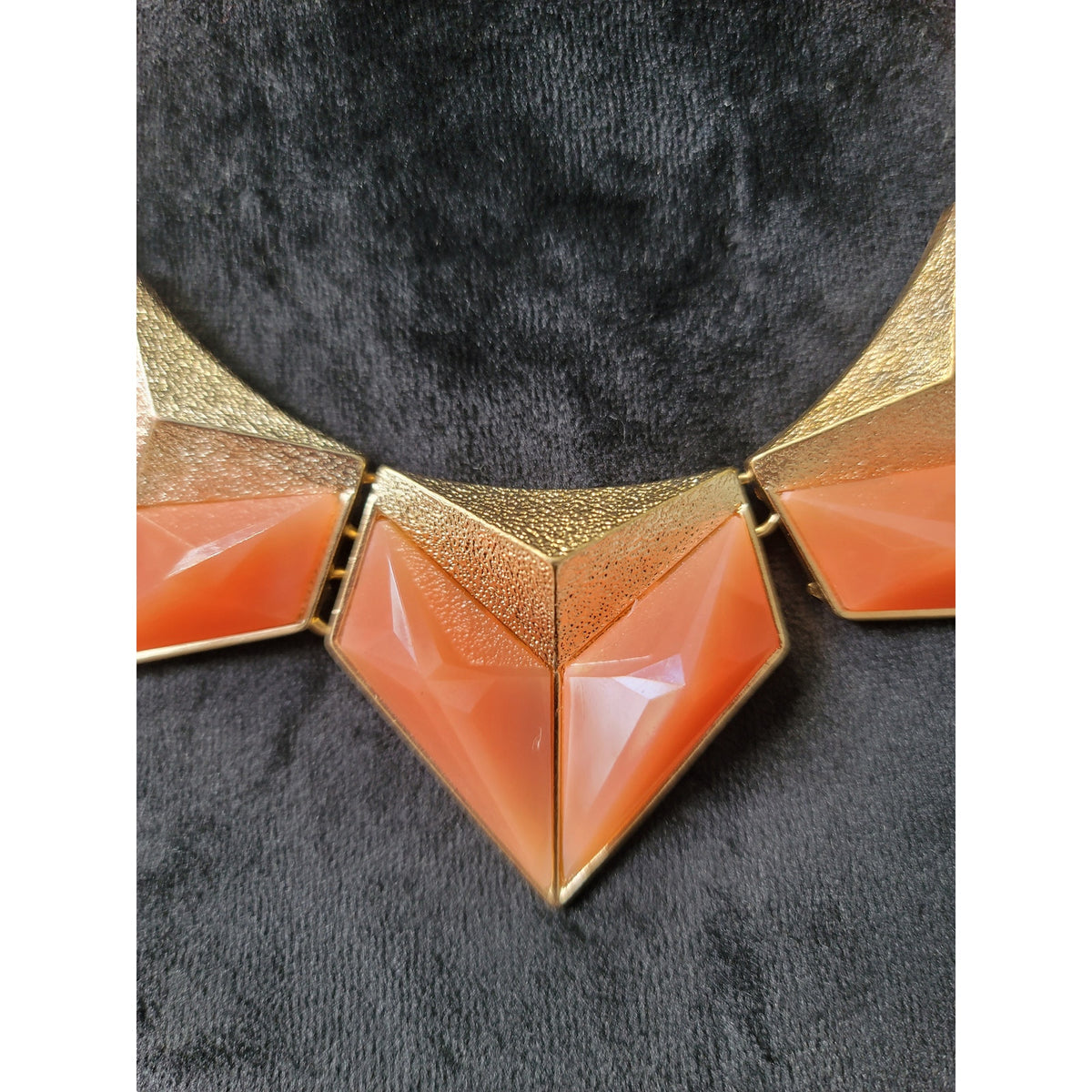 Women's Statement Necklace and Earrings Set Coral Orange Geometric Gold Tone
