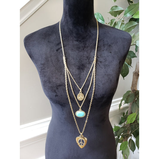 Women's Gold Tone Layered Necklace Lobster Clasp Turquoise Peace Charm Boho