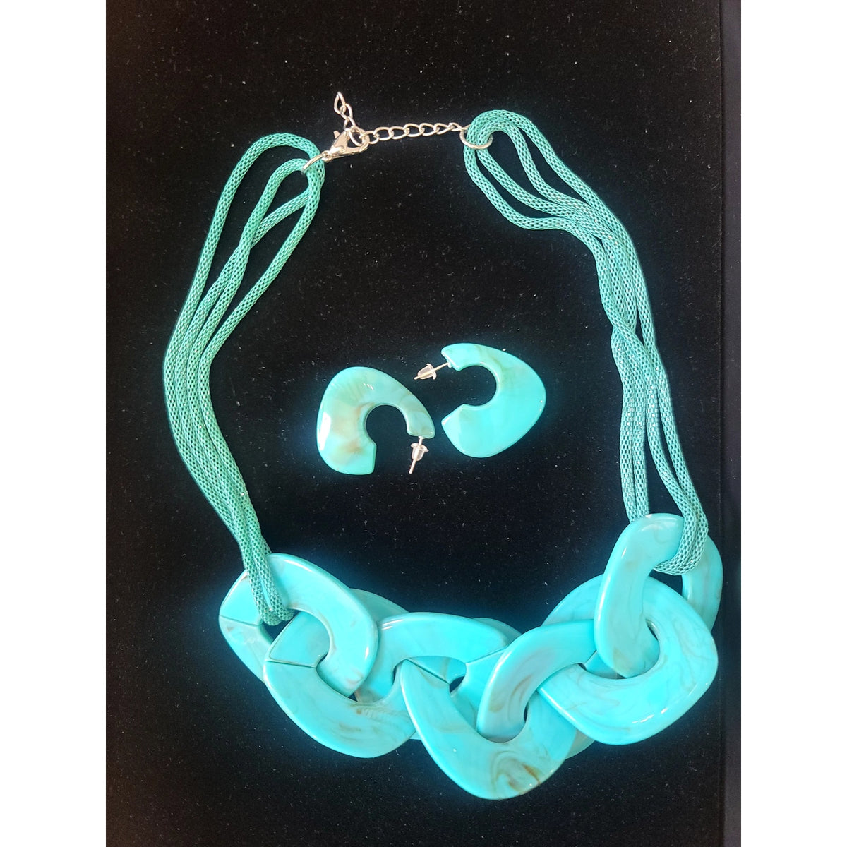 Turquoise Resin Link Necklace & Earrings Set Chunky Statement Modern Boho Chic