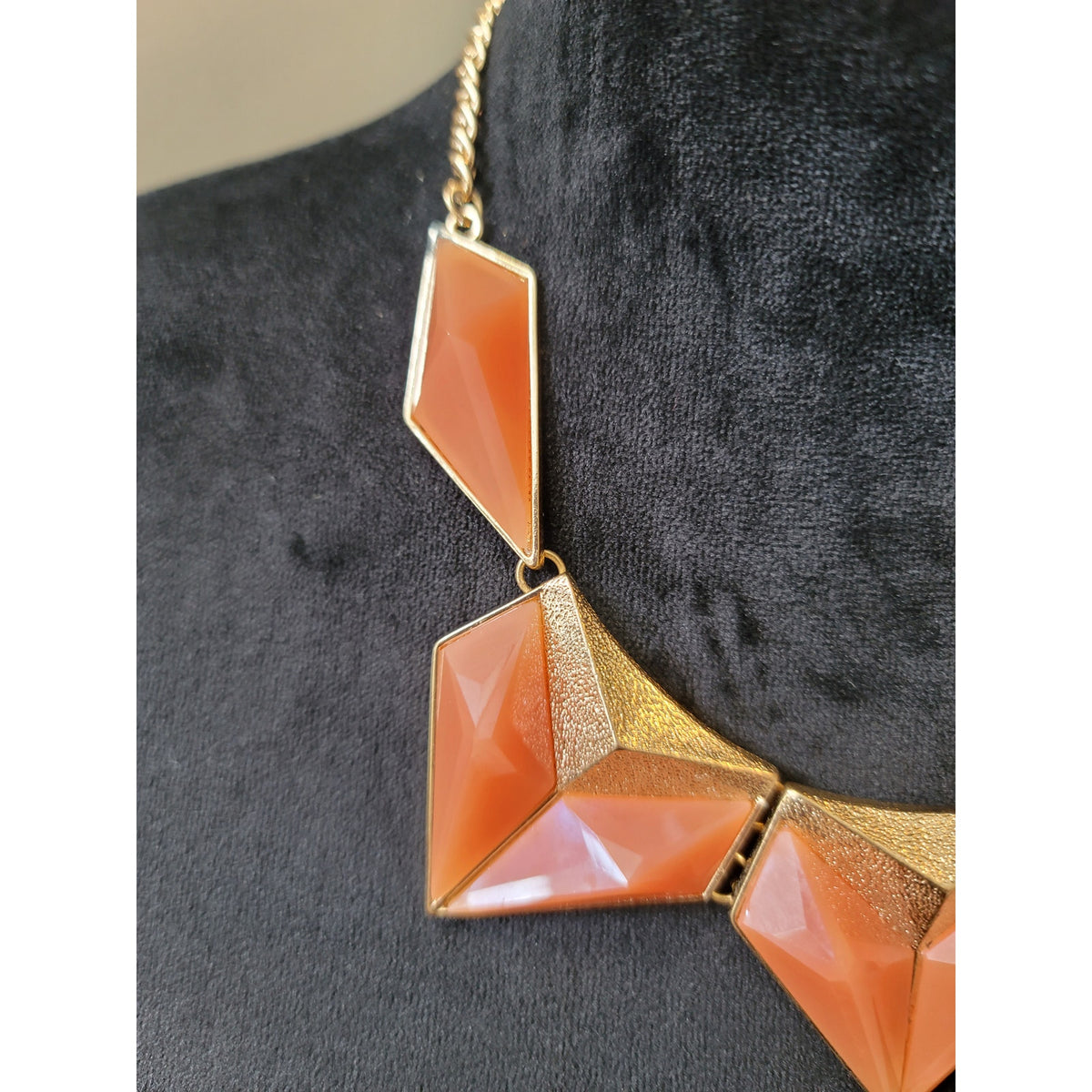 Women's Bold Orange Geometric Statement Necklace On Gold Chain With Faceted Bead