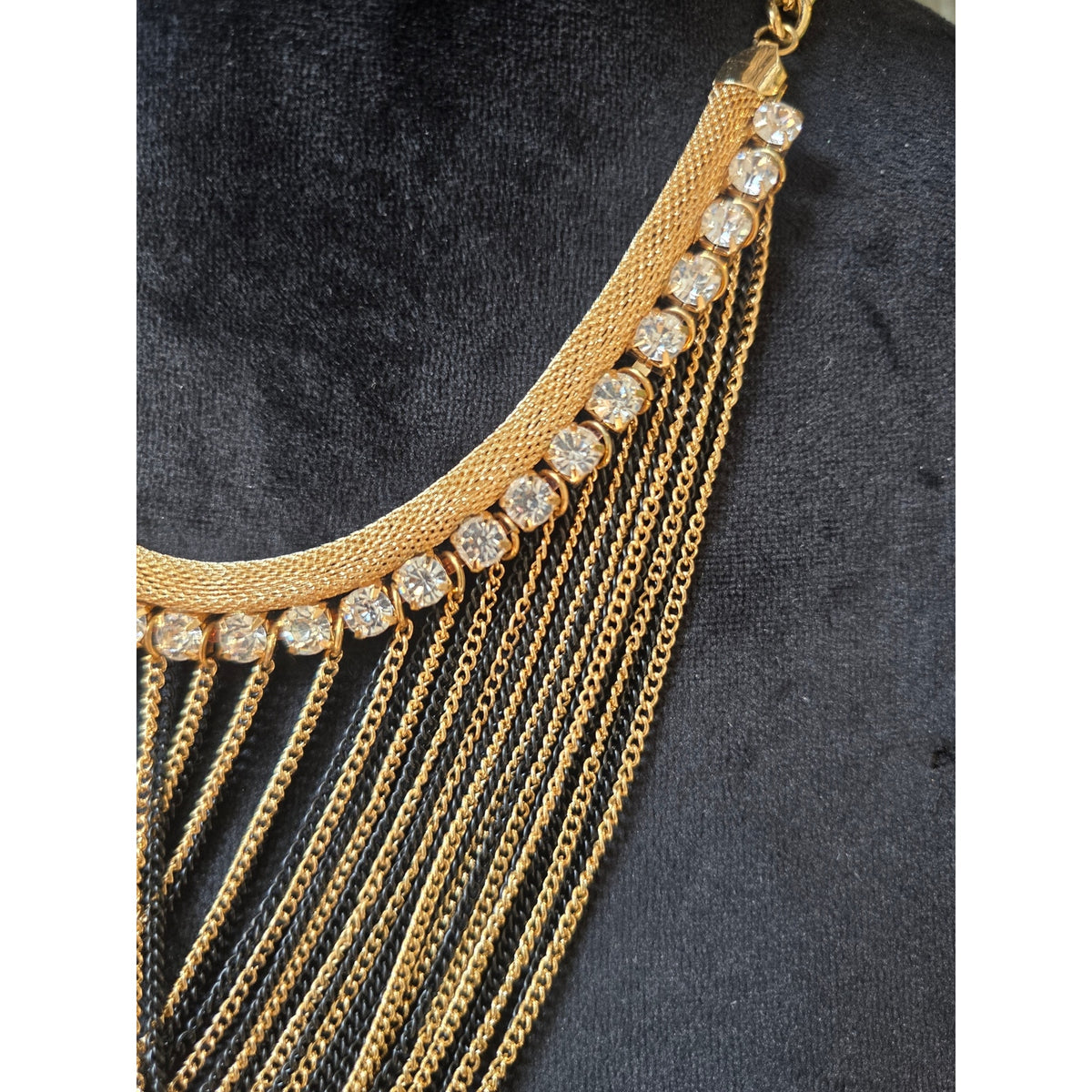 Gold Tone Multi Strand Draped Chain Bib Statement Necklace Rhinestone Fashion