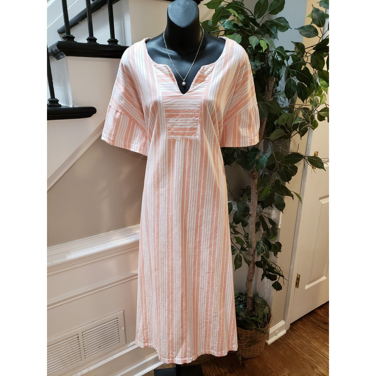 Stan Herman Women White Orange Striped Split Neck Long Sleeve Long Maxi Dress 3X