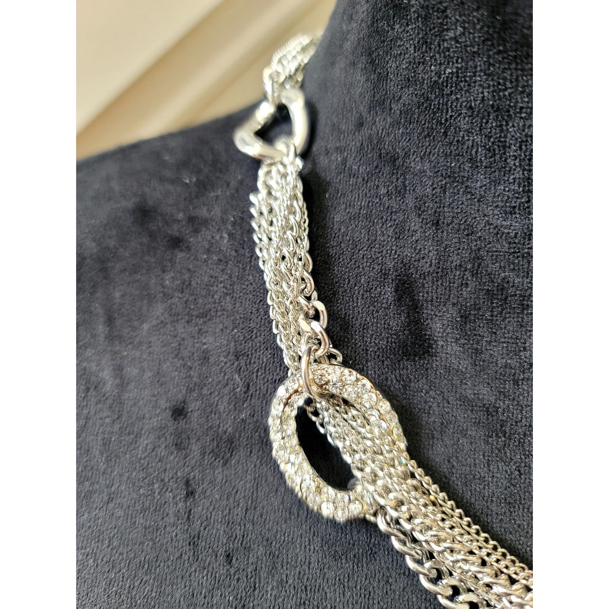 Silver Tone Rhinestone Multi Chain Link Statement Necklace Glam Runway Chic