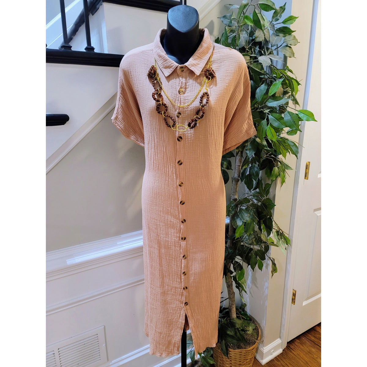 Shirt Dress Women's Size 2X-Large Coral 100% Polyester Collared Short Sleeves