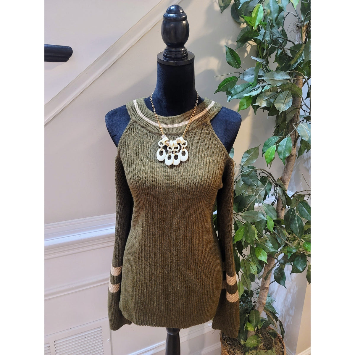 International Concepts Pullover Sweater Women's SZ XL Green Ribbed Cold Shoulder
