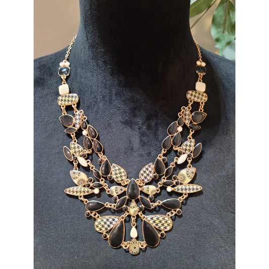 Women's Desigual Statement Necklace Black Gold Teardrop Bib Design Lobster Clasp
