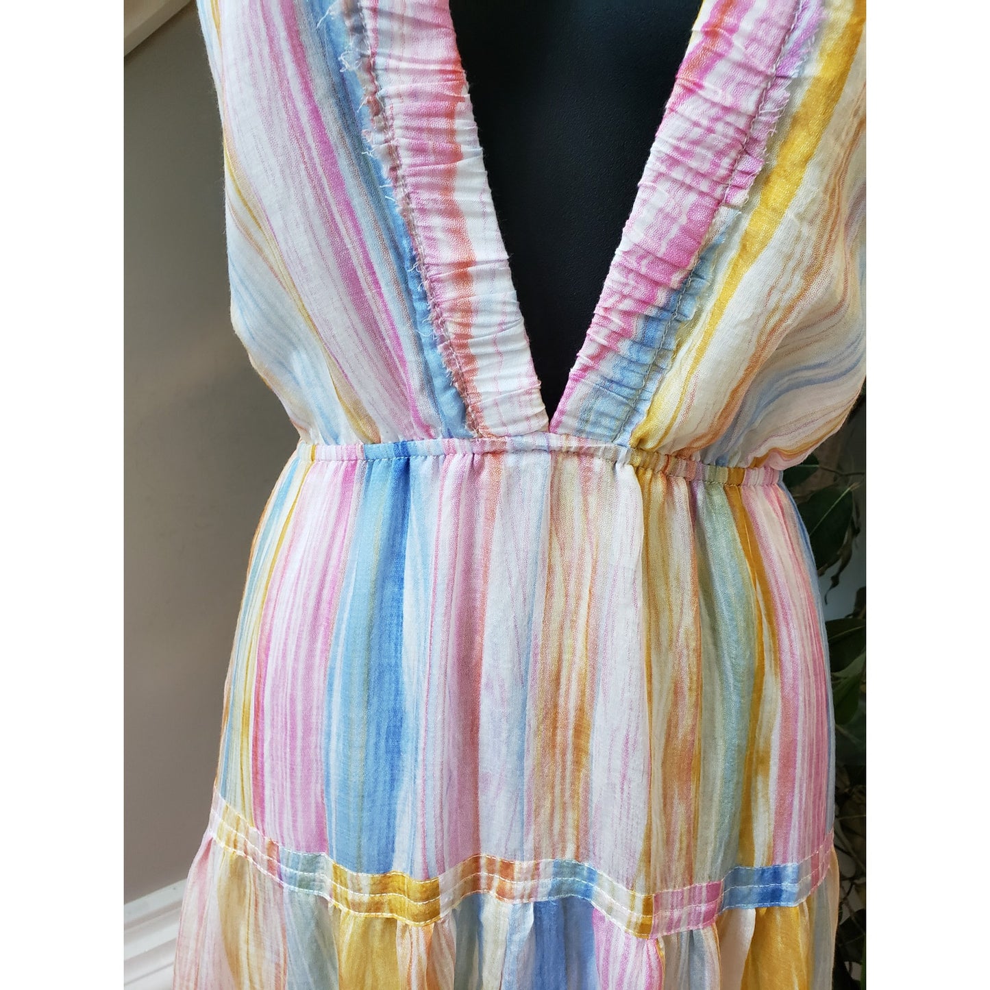 Fashion Nova Long Maxi Dress Womens S Yellow Combo Cinch Waist Tier Drop Stripe