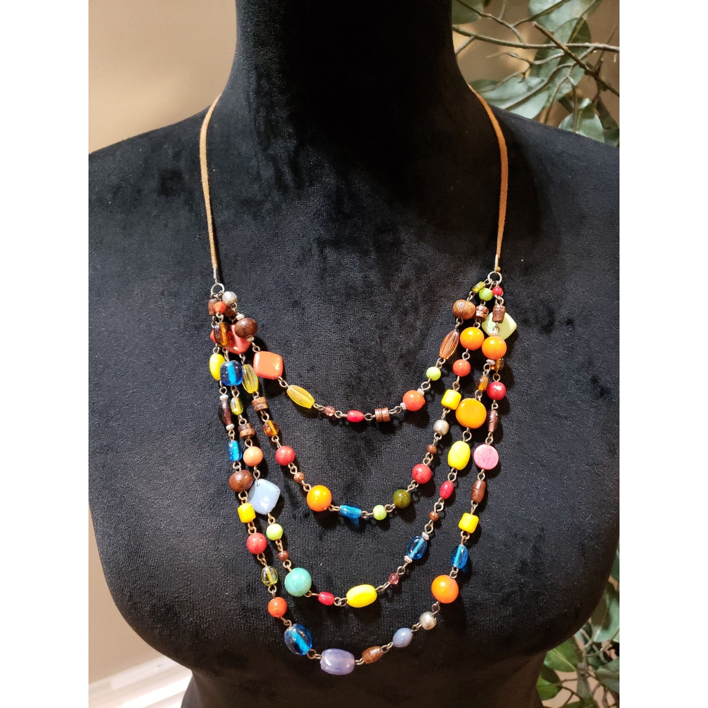 Womens Fashion 4 Strand Colorful Glass Acrylic Beaded Statement Necklace Jewelry